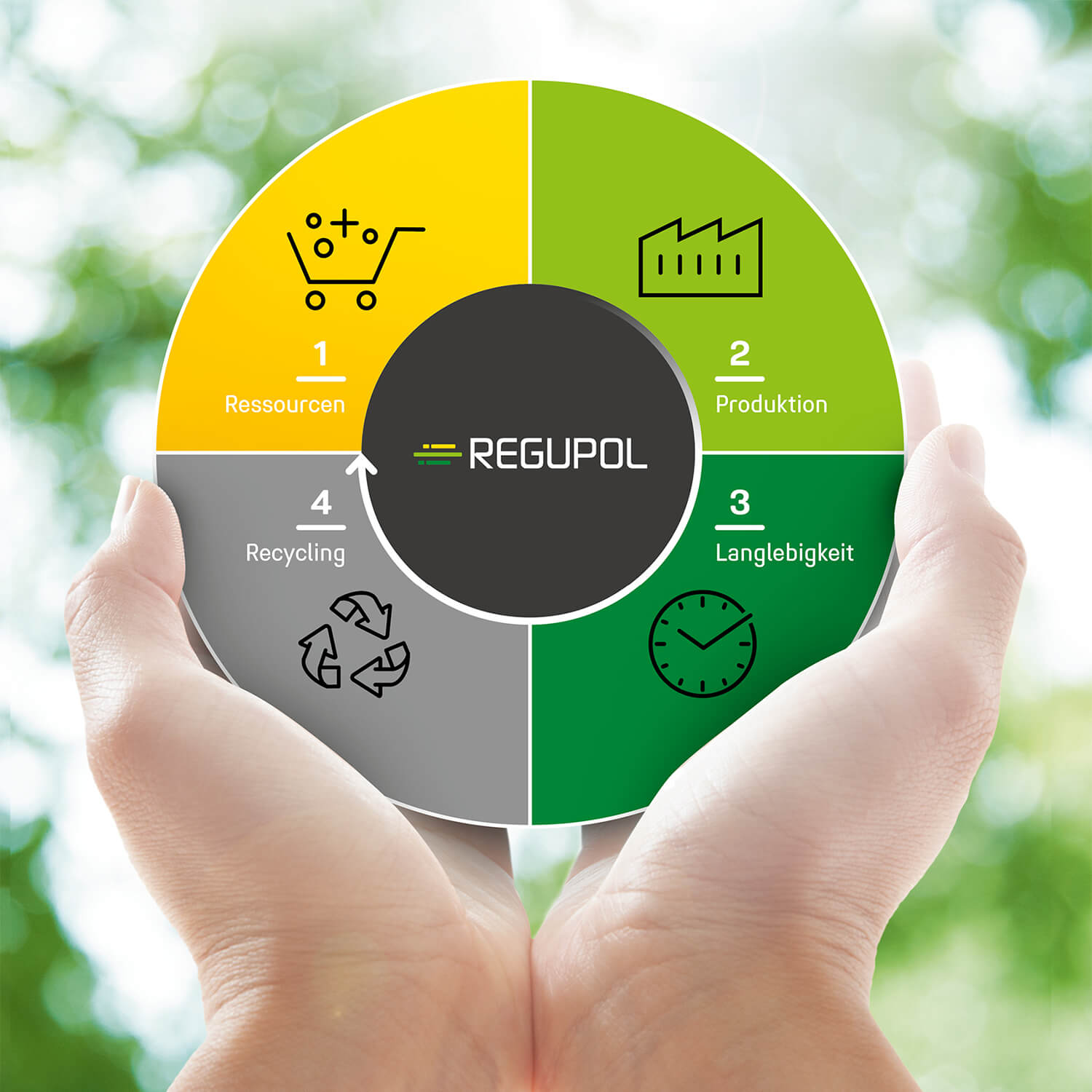 Zwei Hände halten eine kreisförmige Grafik mit vier nachhaltigen Produktlebenszyklus-Phasen von REGUPOL: 1. Ressourcen, 2. Produktion, 3. Langlebigkeit, 4. Recycling. Die Farben sind gelb, grün, dunkelgrün und grau, der Hintergrund ist unscharfes Naturgrün.